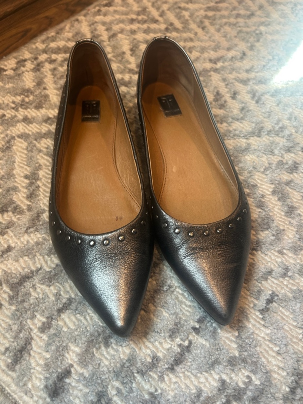 Frye Sienna Micro Studded Metallic Dark Gray Leather Pointed Ballet Flats